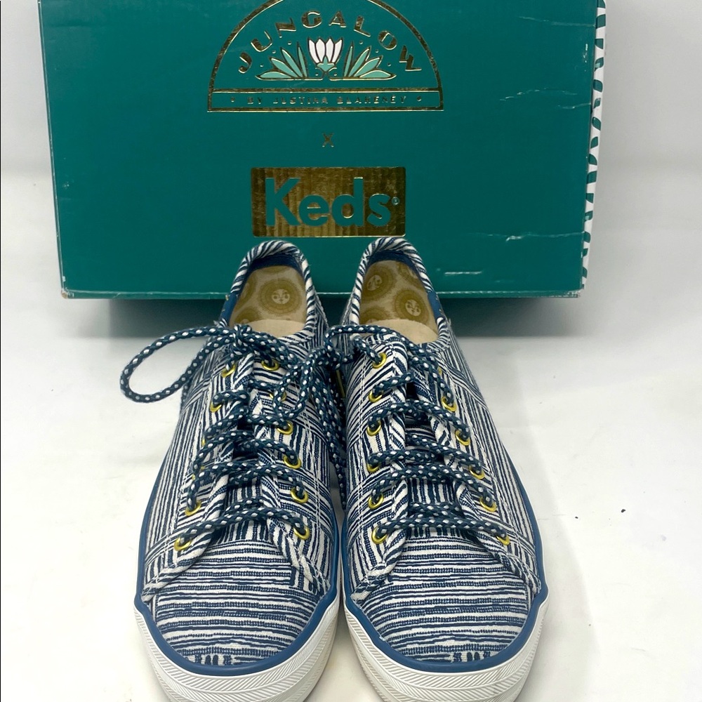 Keds Jungalow By Justina Blakeney Blue & White Lace-Up Sneakers Size 6 Like New
